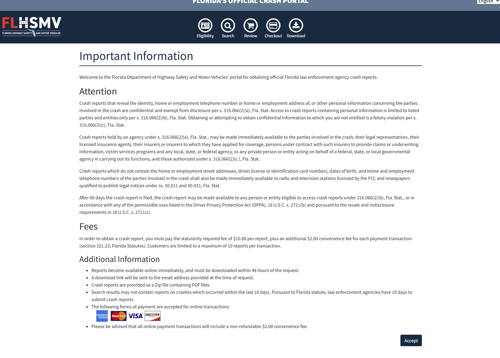 The Important Information page of Florida's official Crash Portal, showing the eligibility rules under section 316.066 and the $10 per report fee