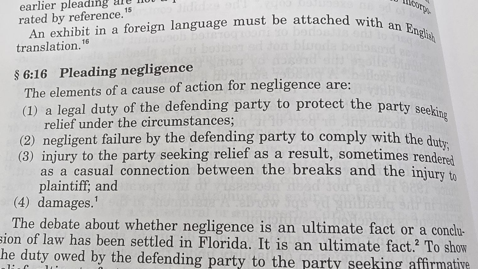A Florida civil practice and procedure treatise open to section 6:16, Pleading Negligence, listing the four elements of a negligence claim: duty, negligent failure to comply with that duty, injury, and damages